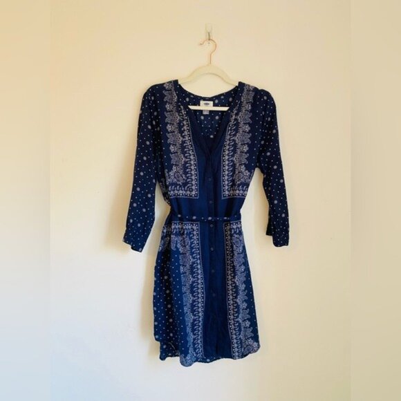 Old Navy Women's Navy Blue Handkerchief Pattern Button-Down Dress W/ Belt Size L - Picture 2 of 7